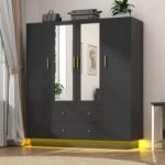 4 Door Wardrobe Closet with Mirrors and LED Lights, Bedroom Armoire with Drawers and Shelves, Modern Wooden Armoire Wardrobe Closet with Hanging Rod for Bedroom, Black