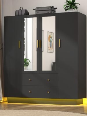 4 Door Wardrobe Closet with Mirrors and LED Lights, Bedroom Armoire with Drawers and Shelves, Modern Wooden Armoire Wardrobe Closet with Hanging Rod for Bedroom, Black