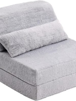 Folding Sofa Bed with Pillow Single Size Mattress&Plush Fabric with Portable Storage Bag,Floor Lounger Bed for Living Room,Guest Room,Dorm,Apartment,Upstairs Loft,Home Office,White Gray