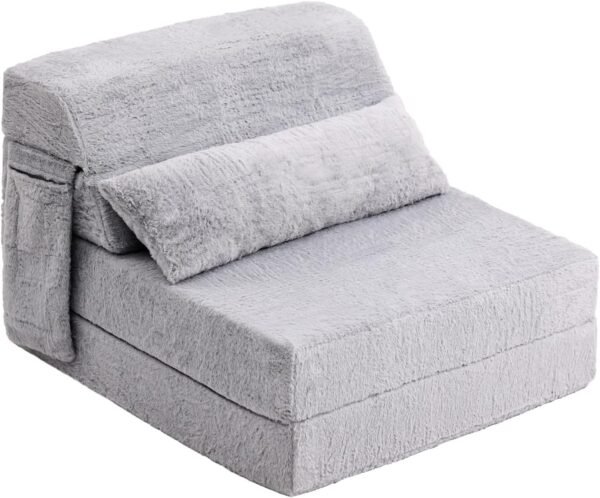 Folding Sofa Bed with Pillow Single Size Mattress&Plush Fabric with Portable Storage Bag,Floor Lounger  Bed for Living Room,Guest Room,Dorm,Apartment,Upstairs Loft,Home Office,White Gray