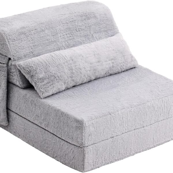 Folding Sofa Bed with Pillow Single Size Mattress&Plush Fabric with Portable Storage Bag,Floor Lounger  Bed for Living Room,Guest Room,Dorm,Apartment,Upstairs Loft,Home Office,White Gray