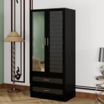 Wood Armoire Wardrobe Closet with Mirror, 2 Doors Armoire Storage Cabinet with Drawers and Hanging Rod，Bedroom Freestanding Wardrobe Combination for Hanging Clothes, Black 70.47”H