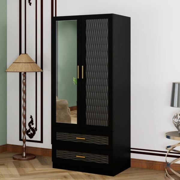 Wood Armoire Wardrobe Closet with Mirror, 2 Doors Armoire Storage Cabinet with Drawers and Hanging Rod，Bedroom Freestanding Wardrobe Combination for Hanging Clothes, Black 70.47”H