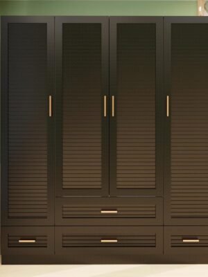 Large Armoire Wardrobe Closet with 4 Drawers, 6 Shelves & Hanging Rod, 4 Louver Doors Wooden Closet Storage Cabinet for Bedroom, Black 70.47”H