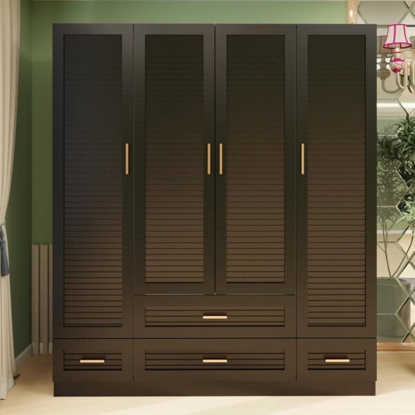 Large Armoire Wardrobe Closet with 4 Drawers, 6 Shelves & Hanging Rod, 4 Louver Doors Wooden Closet Storage Cabinet for Bedroom, Black 70.47”H