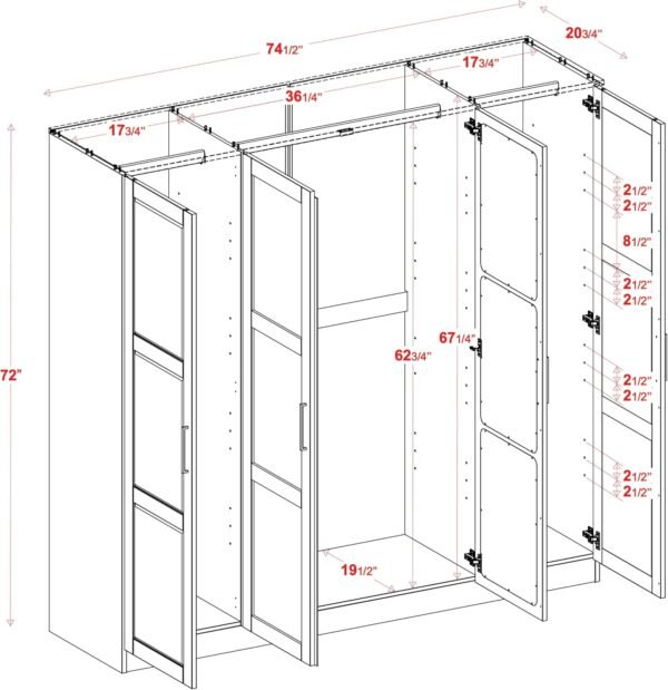 100% Solid Wood 4-Door Wardrobe with Mirrored Clothing Rods, No Shelves, Gray, 74.5" W x 72" H x 20.75" D, Renewable Eco-Friendly Wood, Made in Brazil