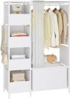 Portable Closet，Free Standing Wardrobe Closet with Hanging Rod and Curtain，Clothes Storage Organizer, for Cloakroom, Bedroom，40.55 x 16.73 x 65.35Inches，White