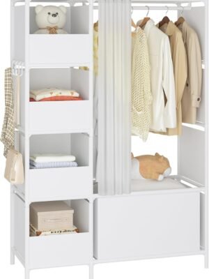 Portable Closet，Free Standing Wardrobe Closet with Hanging Rod and Curtain，Clothes Storage Organizer, for Cloakroom, Bedroom，40.55 x 16.73 x 65.35Inches，White