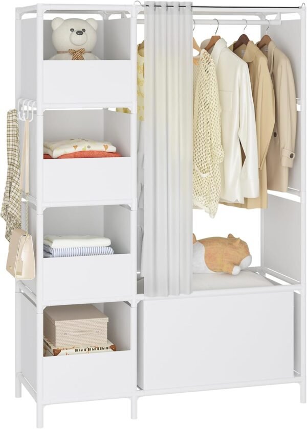 Portable Closet，Free Standing Wardrobe Closet with Hanging Rod and Curtain，Clothes Storage Organizer, for Cloakroom, Bedroom，40.55 x 16.73 x 65.35Inches，White