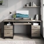 59” Computer Desk with 4 Drawers, Office Desk with Storage, Industrial Executive Desk with File Drawer, Keyboard Tray & 2 Pedestals on Both Sides for Home Office & Studio, Grey