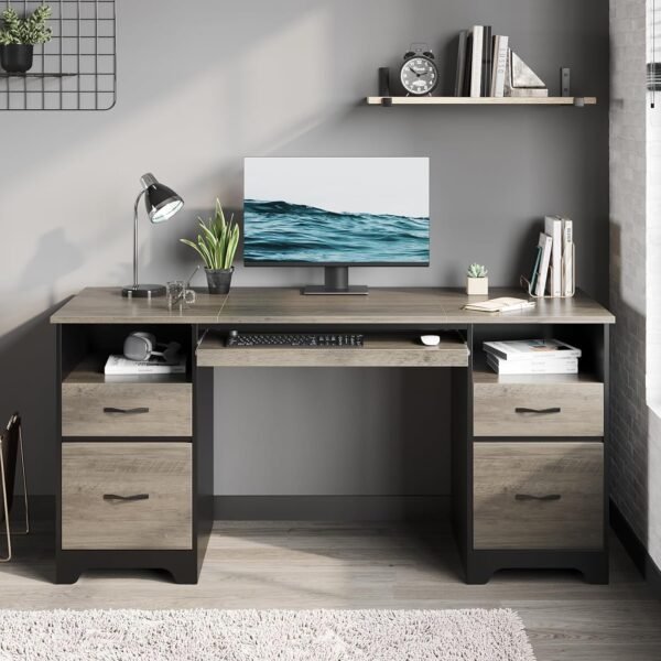 59” Computer Desk with 4 Drawers, Office Desk with Storage, Industrial Executive Desk with File Drawer, Keyboard Tray & 2 Pedestals on Both Sides for Home Office & Studio, Grey