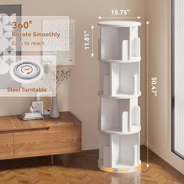 Rotating Bookshelf, 360 Display 4 Tier, Small Corner Bookshelf for Small Space, Floor Standing Bookcase Storage Rack, Wood Narrow Book Shelf Organizer for Bedroom, Living Room, White