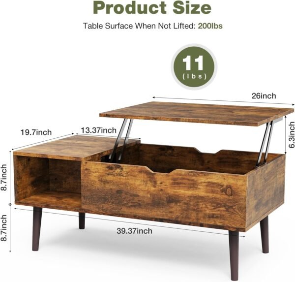Coffee Tables, Small Coffee Table with Storage Shelf and Hidden Compartment, Modern Wood Lift Top Coffee Table for Living Room, Office, Reception Room (Rust Brown)
