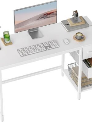 Computer Desk with 2 Drawers, 40 Inch Small Home Office Desk Study Writing Table, White