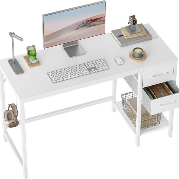 Computer Desk with 2 Drawers, 40 Inch Small Home Office Desk Study Writing Table, White