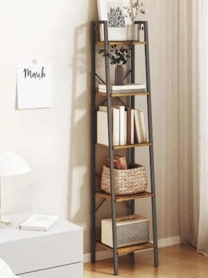 Ladder Shelf, Bookshelf Bookcase, Freestanding Corner Storage Shelve with 2 Hooks for Home Office, Living Room, Kitchen, Bedroom, Industrial, 5-Tier Rustic Brown