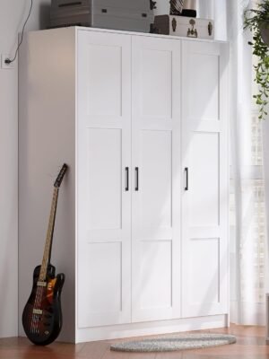 3 Doors Wooden Wardrobe Closet Armoire, White Storage Cabinet for Hanging Clothes, Bedroom Large Capacity Freestanding Armoire,Wood Wardrobe Combination with Shelves (White)