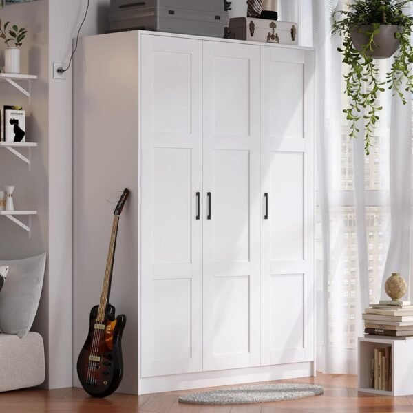 3 Doors Wooden Wardrobe Closet Armoire, White Storage Cabinet for Hanging Clothes, Bedroom Large Capacity Freestanding Armoire,Wood Wardrobe Combination with Shelves (White)