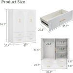 74" H 4 Doors White Wooden Armoire Wardrobe Closet Bedroom Freestanding Storage Closet Armoire Cabinet Bathroom Storage Clothes Organizer Shelf with Hanging Rod Gold Handles