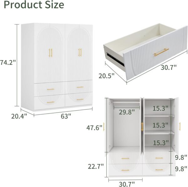74" H 4 Doors White Wooden Armoire Wardrobe Closet Bedroom Freestanding Storage Closet Armoire Cabinet Bathroom Storage Clothes Organizer Shelf with Hanging Rod Gold Handles