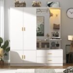 5 Doors Armoire Wardrobe Closet with Sensor Lamp and Mirror, White
