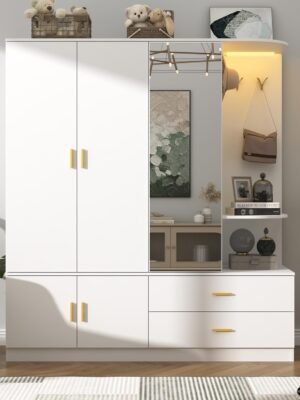 5 Doors Armoire Wardrobe Closet with Sensor Lamp and Mirror, White