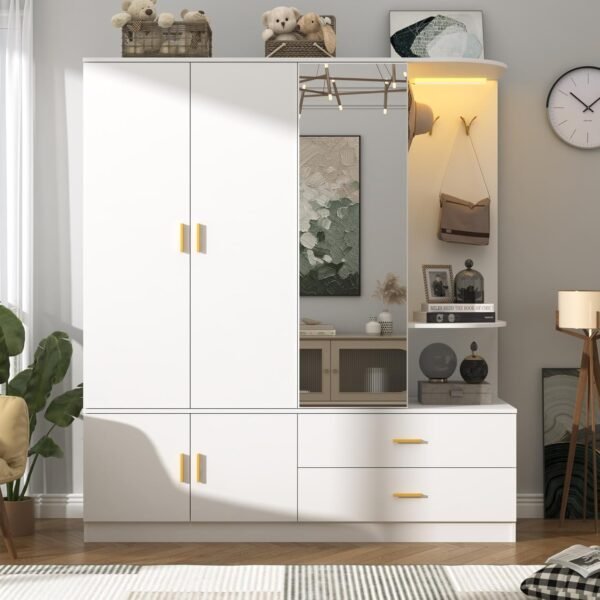 5 Doors Armoire Wardrobe Closet with Sensor Lamp and Mirror, White