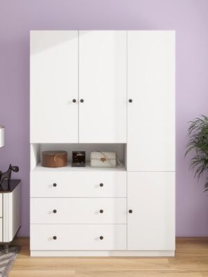 3-Door Armoire Wardrobe Closet: Wood 3 Drawers White Closet Cabinet for Large Capacity, Tall Cabinet Closet with Hanging Rod and Storage for Bedroom