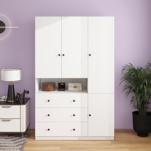 3-Door Armoire Wardrobe Closet: Wood 3 Drawers White Closet Cabinet for Large Capacity, Tall Cabinet Closet with Hanging Rod and Storage for Bedroom