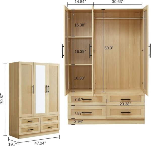 Rattan Wardrobe Closet with Mirror: 3 Door Bedroom Armoires Wardrobe Closet with 4 Drawers Tall Wardrobe Closet Cabinet with Shelves