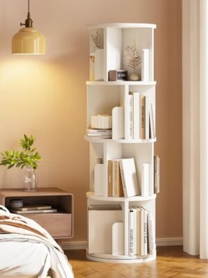 Rotating Bookshelf, 360 Display 4 Tier, Small Corner Bookshelf for Small Space, Floor Standing Bookcase Storage Rack, Wood Narrow Book Shelf Organizer for Bedroom, Living Room, White