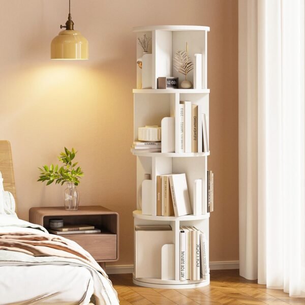 Rotating Bookshelf, 360 Display 4 Tier, Small Corner Bookshelf for Small Space, Floor Standing Bookcase Storage Rack, Wood Narrow Book Shelf Organizer for Bedroom, Living Room, White