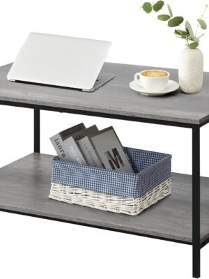 2-Tier Coffee Table with Storage Shelf for Small Living Spaces, Grey Oak Rectangle Wood and Sturdy Metal Side End Table, Stable Metal TV Stand, Functional Center Table for Living Room