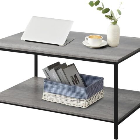 2-Tier Coffee Table with Storage Shelf for Small Living Spaces, Grey Oak Rectangle Wood and Sturdy Metal Side End Table, Stable Metal TV Stand, Functional Center Table for Living Room