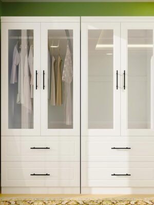 Wooden Armoire Wardrobe Closet with Glass Door, Bedroom Armoire Storage Cabinet, 4 Door Modern White Armoire Wardrobe Closet with Hanging Rod for Bedroom