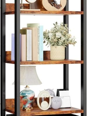 5 Tier Bookshelf with Drawer, Tall Narrow Bookcase with Shelves, Wood and Metal Bookshelves Storage Organizer, Industrial Display Standing Shelf Unit for Bedroom, Living Room, Rustic Brown