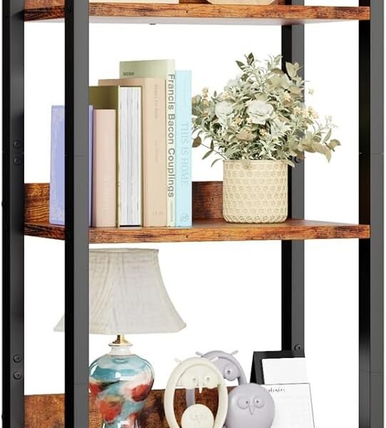 5 Tier Bookshelf with Drawer, Tall Narrow Bookcase with Shelves, Wood and Metal Bookshelves Storage Organizer, Industrial Display Standing Shelf Unit for Bedroom, Living Room, Rustic Brown