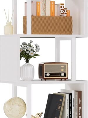 White Geometric Bookshelf 6 Tier S-Shaped Bookcase, Tall Modern Display Storage Shelf, Metal and Wood Decorative Freestanding Room Divider Shelves for Bedroom, Living Room, Office
