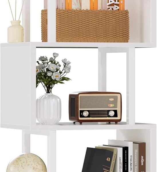 White Geometric Bookshelf 6 Tier S-Shaped Bookcase, Tall Modern Display Storage Shelf, Metal and Wood Decorative Freestanding Room Divider Shelves for Bedroom, Living Room, Office