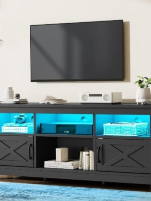 Farmhouse TV Stand with Power Outlet, LED Light Entertainment Center for 65 Inch TVs, TV Cabinet with Storage, Rustic Media Console for Living Room, 59" Black