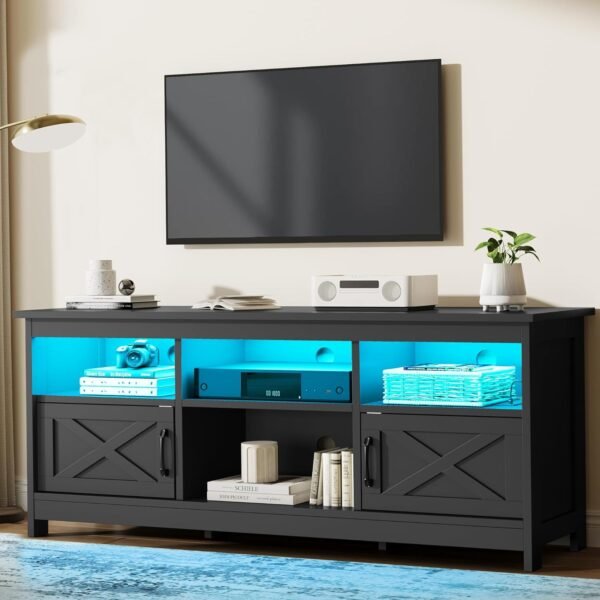 Farmhouse TV Stand with Power Outlet, LED Light Entertainment Center for 65 Inch TVs, TV Cabinet with Storage, Rustic Media Console for Living Room, 59" Black