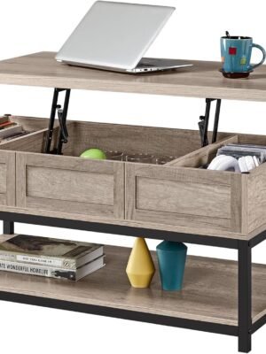 Lift Top Coffee Table with Hidden Compartments & Open Shelf, Tabletop Metal Frame Cocktail Table, Rising Center/Acent Table for Living Room Reception, 18-23inch H, Gray