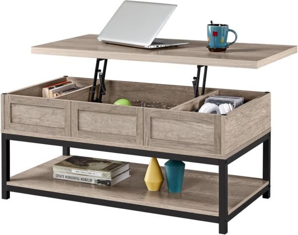 Lift Top Coffee Table with Hidden Compartments & Open Shelf, Tabletop Metal Frame Cocktail Table, Rising Center/Acent Table for Living Room Reception, 18-23inch H, Gray
