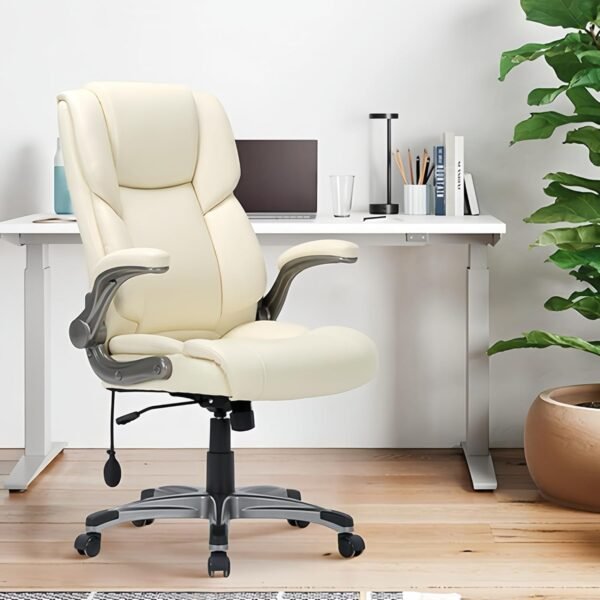 High Back Executive Office Chair- Ergonomic Home Computer Desk Leather Chair with Padded Flip-up Arms, Adjustable Tilt Lock, Swivel Rolling Chair for Adult Working Study-Ivory