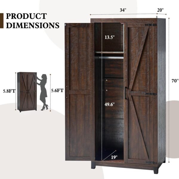 70" Large Armoire Wardrobe Closet Set of 2 with Hanging Rod, Farmhouse Clothing Storage Cabinet with 4 Barn Wooden Tall Bedroom Armoires with Shelf, Espresso