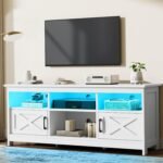 Farmhouse TV Stand with Power Outlet, LED Light Entertainment Center for 65 Inch TVs, TV Cabinet with Storage, Rustic Media Console for Living Room, 59" White