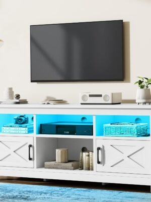 Farmhouse TV Stand with Power Outlet, LED Light Entertainment Center for 65 Inch TVs, TV Cabinet with Storage, Rustic Media Console for Living Room, 59" White