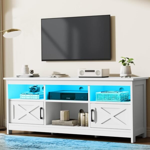 Farmhouse TV Stand with Power Outlet, LED Light Entertainment Center for 65 Inch TVs, TV Cabinet with Storage, Rustic Media Console for Living Room, 59" White