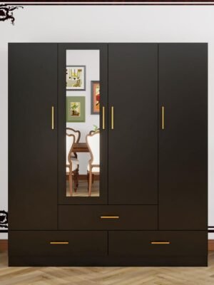 Armoire Wardrobe Closet & Cabinet with Mirror - 4 Door Wooden Armoire Wardrobe for Large Capacity Clothes Storage with Shelves and Hanging Rail, Black