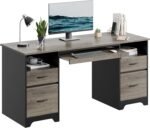 59” Computer Desk with 4 Drawers, Office Desk with Storage, Industrial Executive Desk with File Drawer, Keyboard Tray & 2 Pedestals on Both Sides for Home Office & Studio, Grey